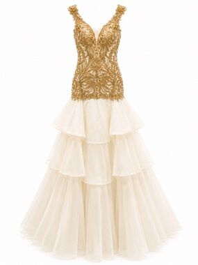 Sherri Hill 52347 Ivory Tiered Tulle Ball Gown with Gold Beaded Bodice